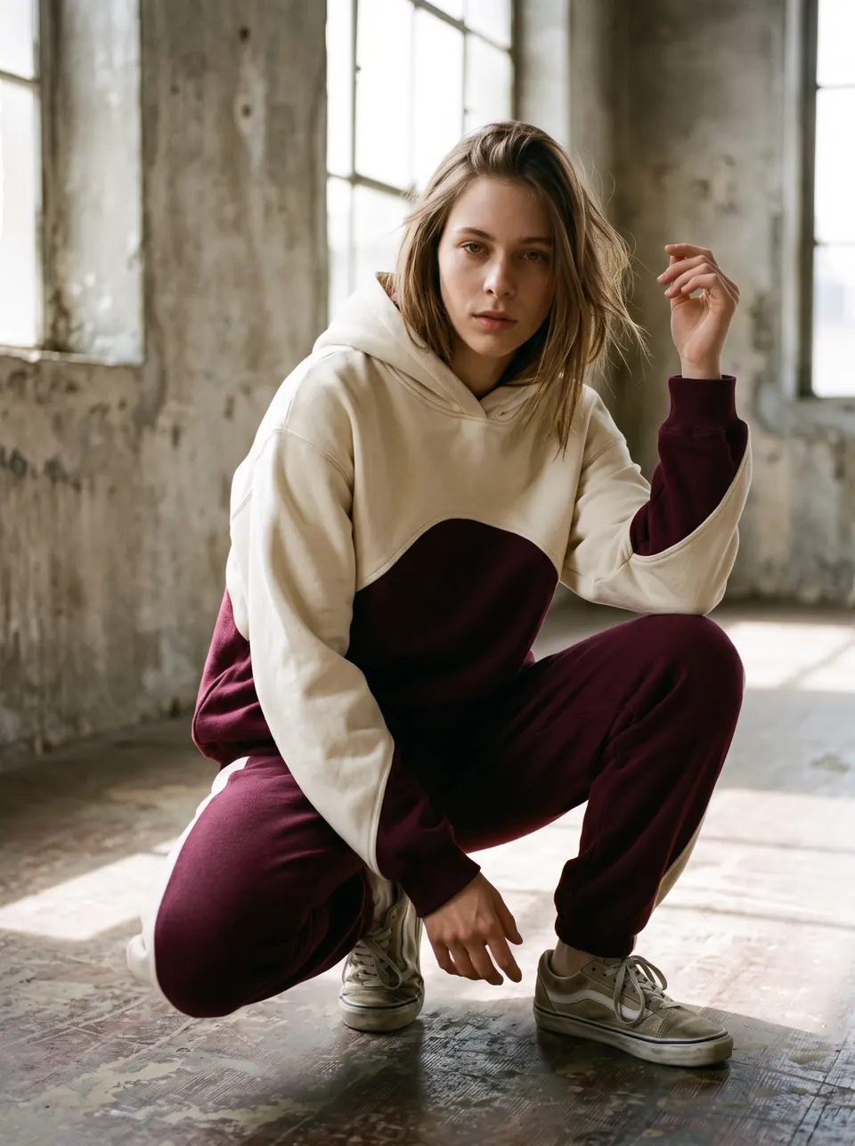 Le hoodie Édition 01 porté accroupi, dans un loft